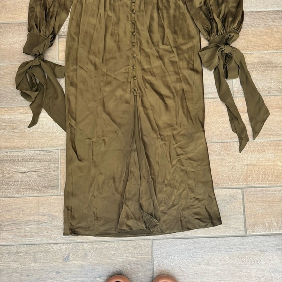 Olivia Von Halle Silk Midi Dress Button Down Tie Sleeve Olive Green Small - Picture 3 of 9